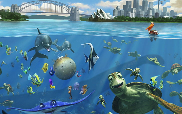 Finding Nemo, fish, sea, split view, Sydney Opera House, turtle, HD wallpaper