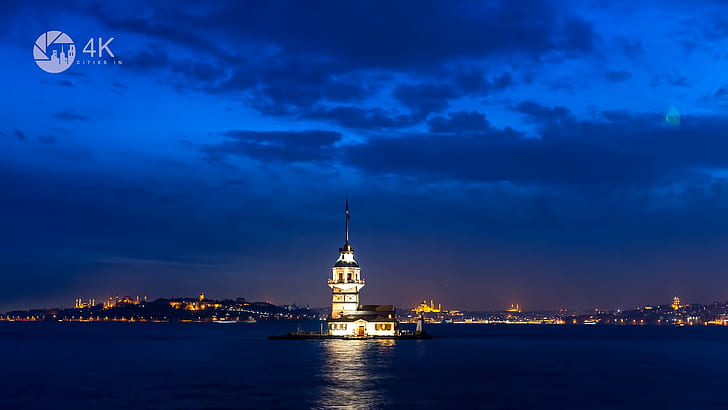 Istanbul, Kiz Kulesi, Turkey, capital, Maiden's Tower, city lights, HD wallpaper