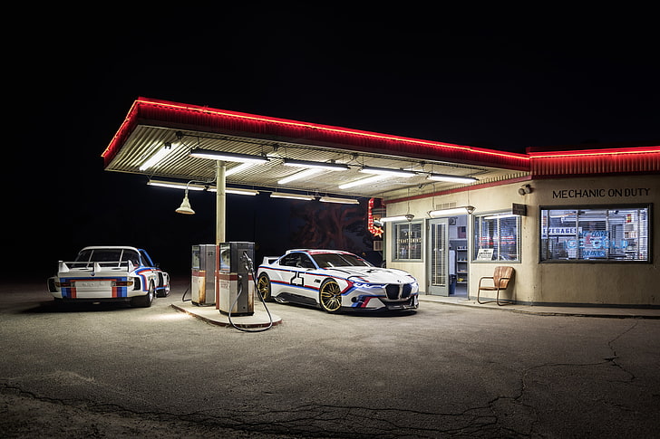 red gasoline station, car, night, CSL, Hommage R, BMW 3.0, mode of transportation, HD wallpaper