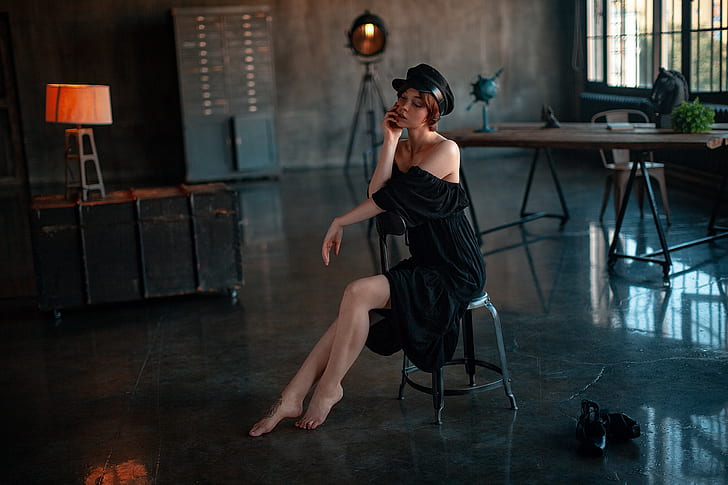 Olya Pushkina, women, model, portrait, indoors, sitting, chair