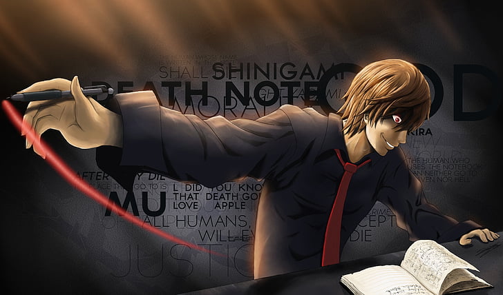 brown, death, eyes, hair, light, note, red, shirt, tie, yagami