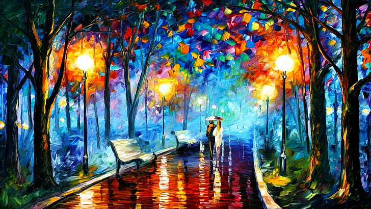 bench, Fall, Leonid Afremov, Oil Painting, Street Light