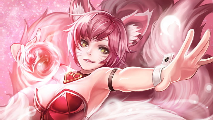 Ahri, League of Legends, women, pink color, indoors, one person