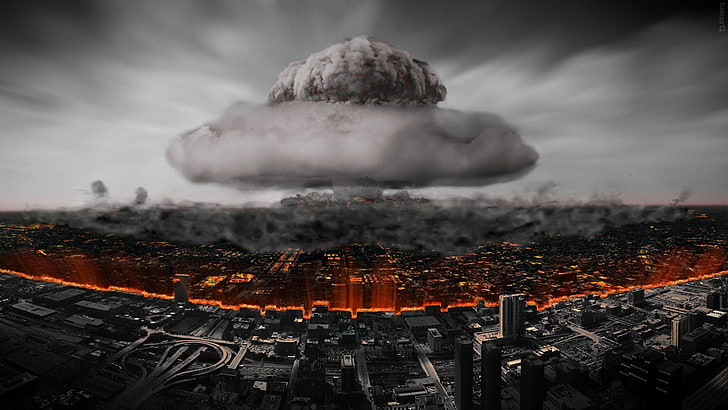 nuclear detonation digital wallpaper, selective coloring, apocalyptic