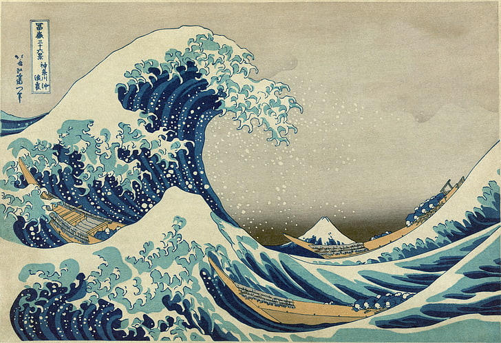 sea, man, asian, kimono, oriental, japonese, The Wave, woodcut, HD wallpaper
