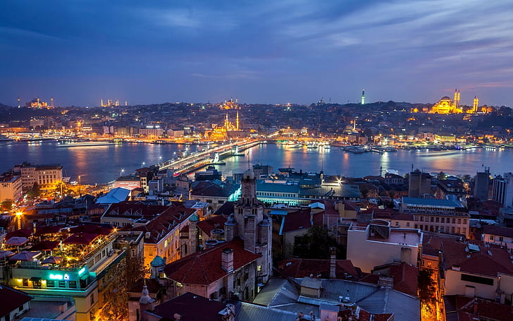 Turkey, Istanbul, city night, houses, lights, HD wallpaper