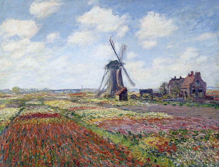landscape, picture, Claude Monet, Tulip fields with Windmill Rijnsburgse, HD wallpaper