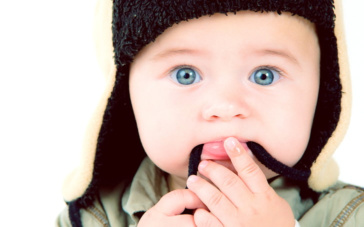 baby's black aviator cap, blue, eyes, blue eyes, face, portrait, HD wallpaper