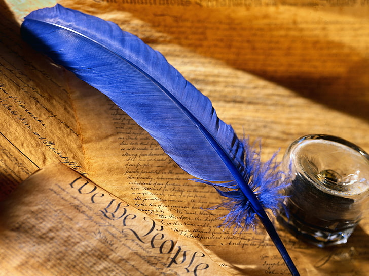 blue quill, pen, ink, paper, letter, feather, quill Pen, writing, HD wallpaper