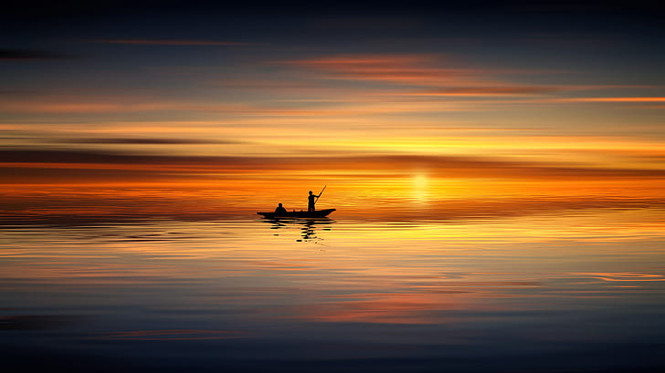 sunset, sea, boat, reflection, silhouette