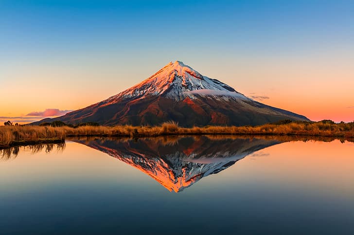 the sky, reflection, lake, MT Taranaki, New Zealand