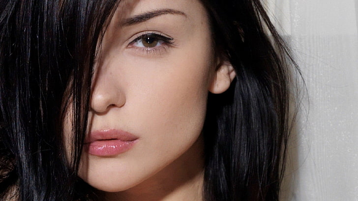woman's face, Katie Fey, women, model, closeup, eyes, lips, black hair