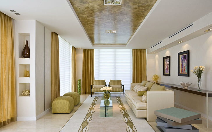 Living room design, beige and green living room set, photography, HD wallpaper