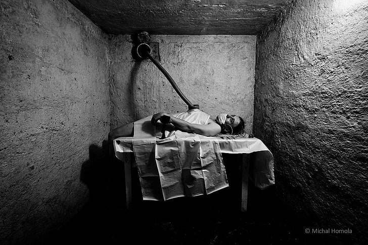 grayscale photo of man lying in bed, Michal Homola, horror, monochrome