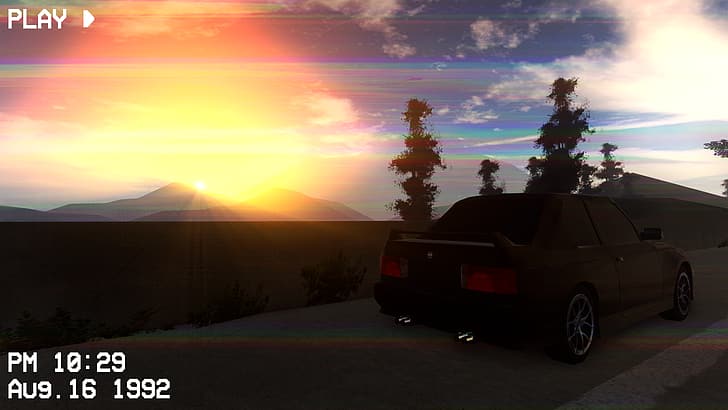 Bmw E30 m3, highway, mountains, trees, sunset, 90s, Roblox, HD wallpaper