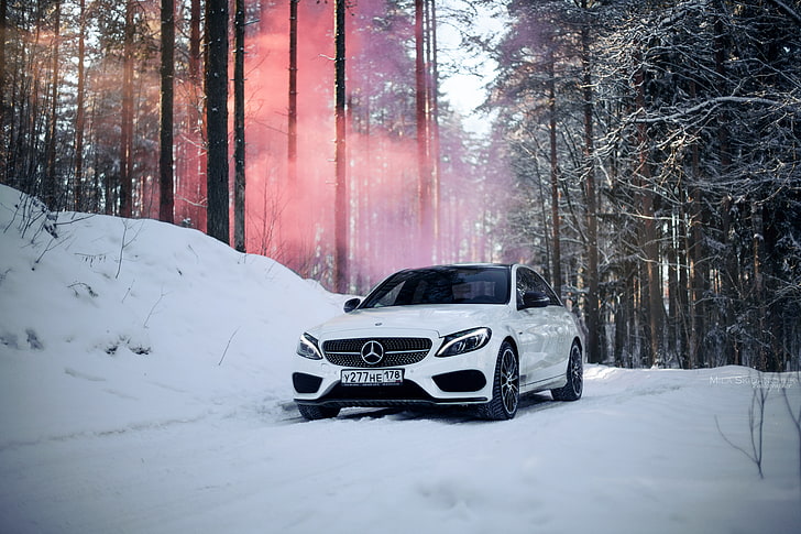 white Mercedes-Benz sedan, winter, car, machine, auto, city, fog