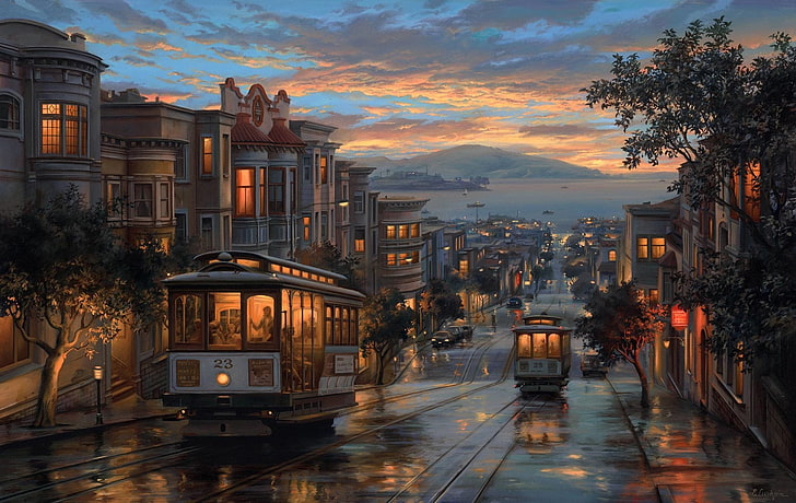 two white city trams, Artistic, Painting, Night, Panorama, Rain, HD wallpaper