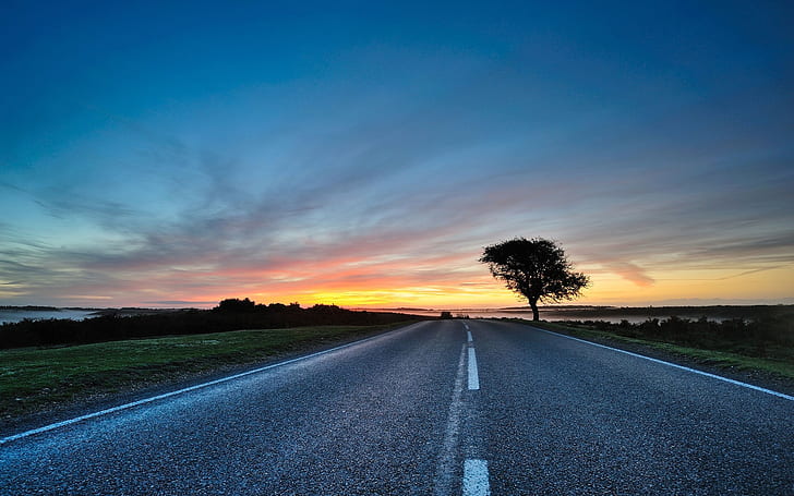 HDR Road, sunset, sky, blue, nature, background, HD wallpaper
