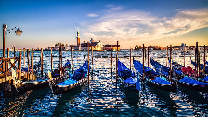 Venice, gondolas, sunset