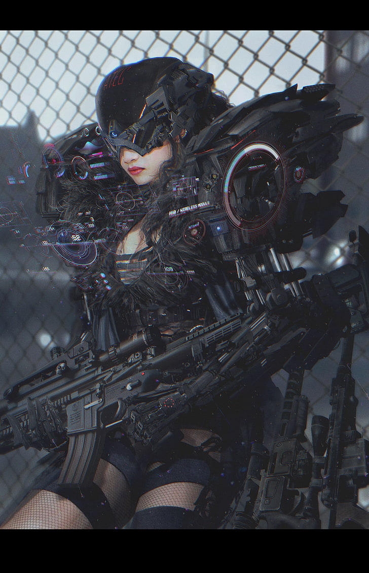 girl wearing black costume, science fiction, cyberpunk, fantasy art