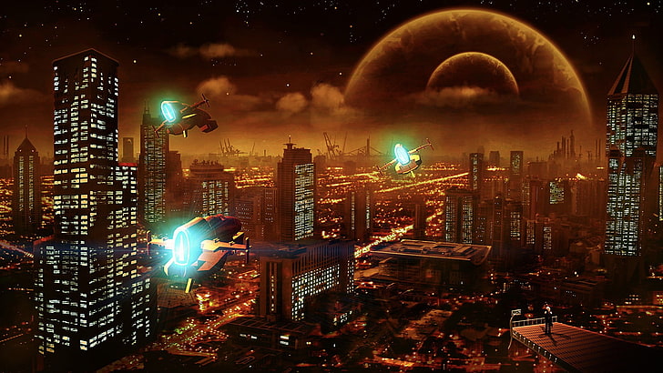 video game wallpaper, artwork, futuristic, spaceship, city, digital art