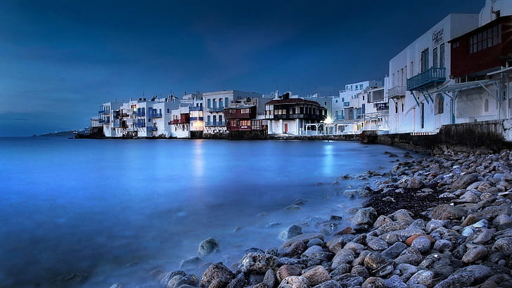 Mykonos, Greece, the island of Mykonos, the night sky, the sea, HD wallpaper