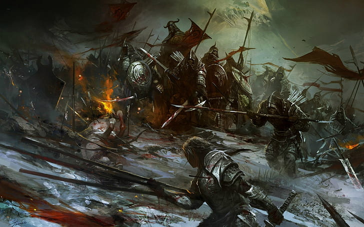 armor, army, art, battle, fantasy, horses, knights, spear, sword, HD wallpaper