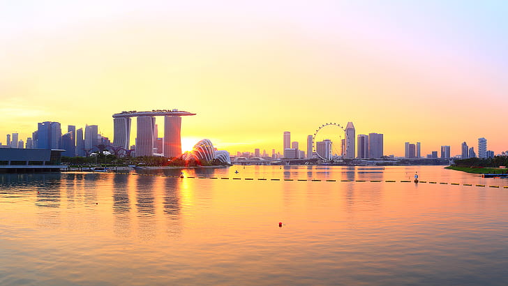 Singapore Sunset Ferris Wheel Buildings Sunset Ocean HD, cityscape, HD wallpaper