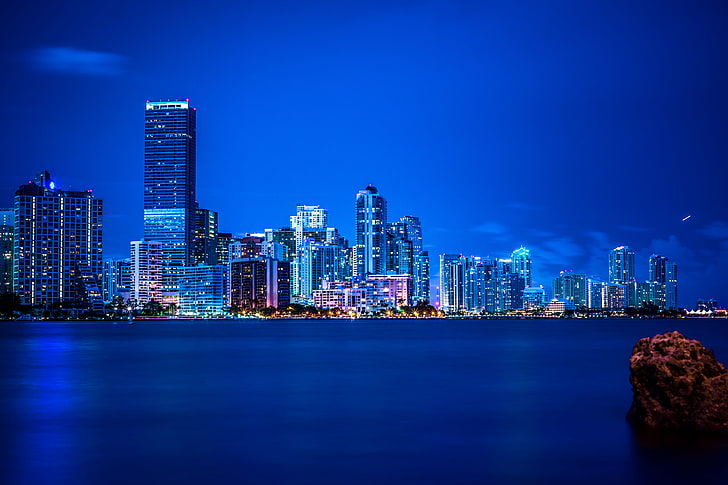 skyscrapers artwork, night, lights, Miami, FL, panorama, florida