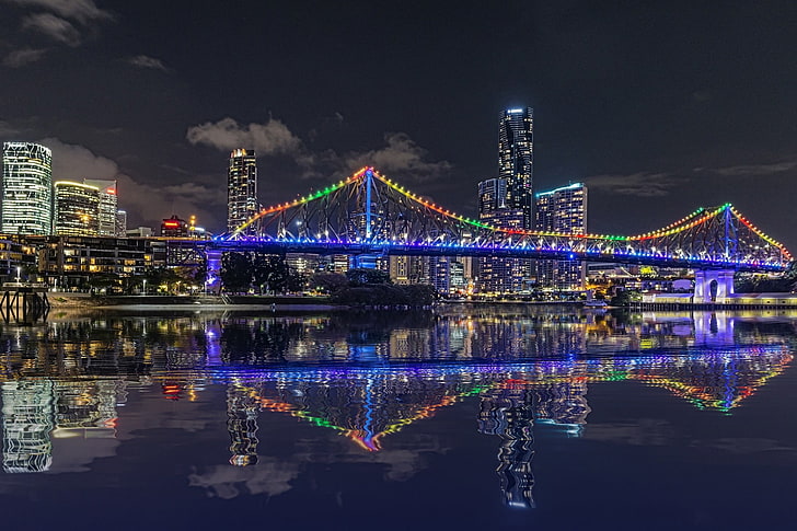 night, lights, reflection, river, skyscrapers, backlight, Australia