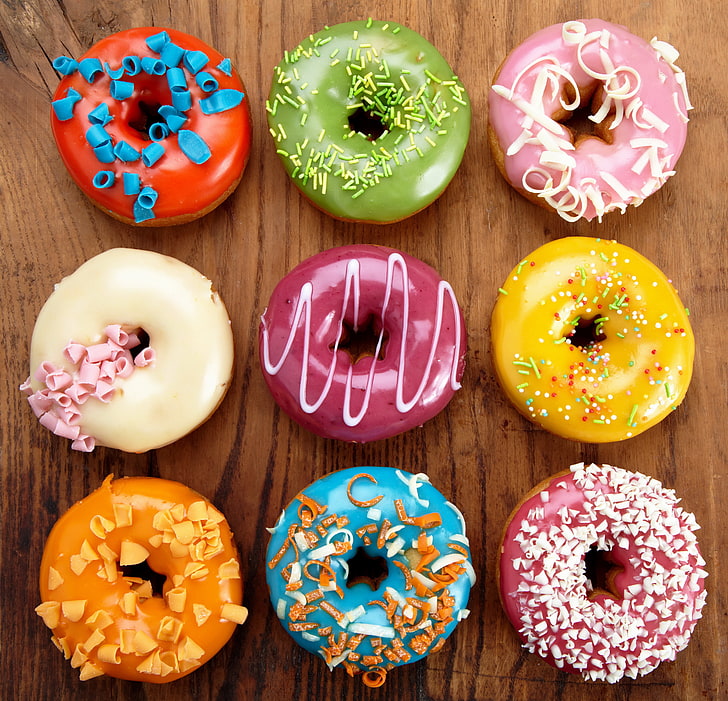 nine assorted donuts, colorful, dessert, cakes, sweet, glaze, HD wallpaper