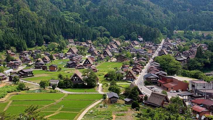 Shirakawago, Shiroyama, Gassho-zukuri farmhouses, Ogimachi village, Japan, HD wallpaper