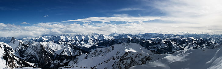 mountains, snow, clouds, sky, horizon, nature, landscape, dual display, HD wallpaper