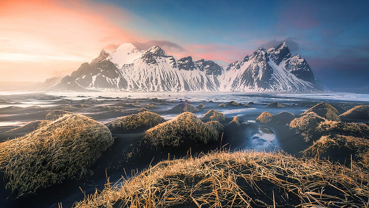 sunset, mountains, Iceland, Vestrahorn, Stokkness, HD wallpaper