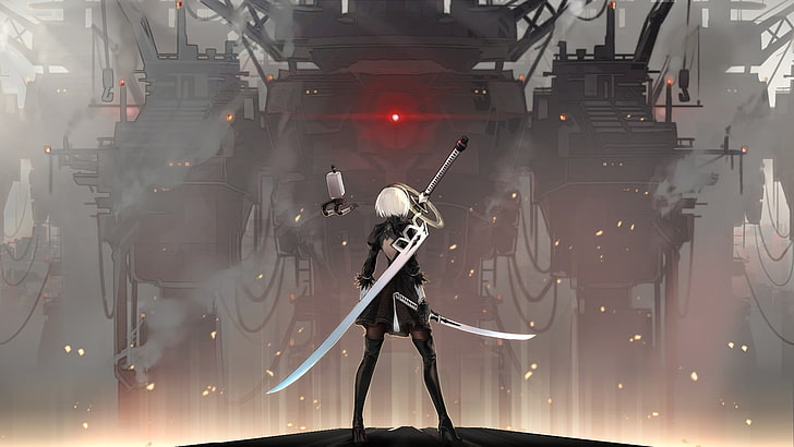 Final Fantasy character, person holding sword painting, 2B (Nier: Automata)