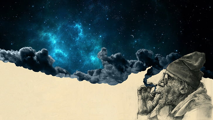 Surreal, Space, Old Man, Stars, Clouds