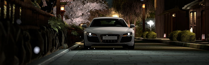 white Audi sports car, Audi R8, Gran Turismo 5, video games, multiple display, HD wallpaper