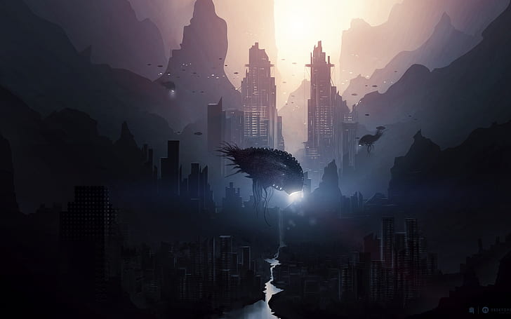 Alien Invasion HD, buildings over mountain illustration, creative, HD wallpaper