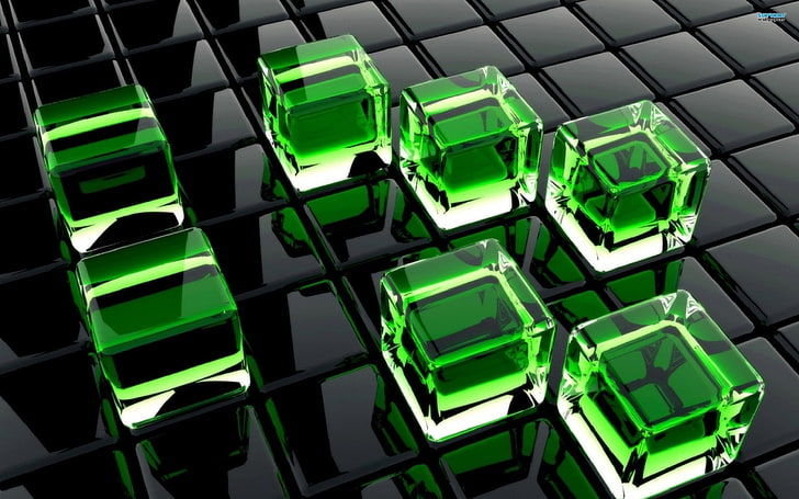 green cube digital illustration, cubes, glass, surface, technology