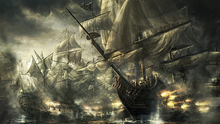 ocean war battle ships cannons artwork sails 1920x1080  Nature Oceans HD Art