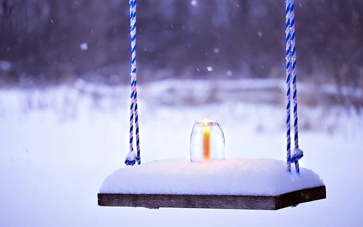 cold, winter, snow, bench, background, Wallpaper, mood, candle, HD wallpaper