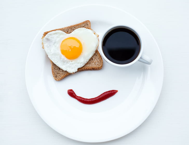 breakfast, scrambled eggs, coffee, heart, bread, ketchup, HD wallpaper
