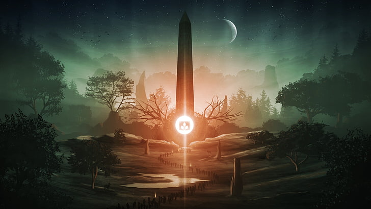 crescent moon illustration, Desktopography, fantasy art, Obelisk, HD wallpaper
