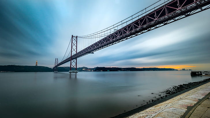 time lapse photo of brown bridge, Ponte 25 de Abril, Lisbon, Seascape, HD wallpaper