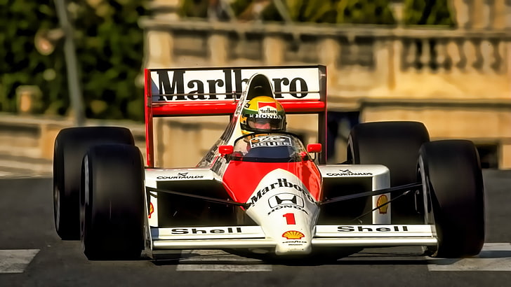 red and white Marlboro go kart, Ayrton Senna, Formula 1, McLaren F1, HD wallpaper