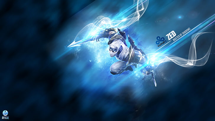 Zed digital wallpaper, League of Legends, one person, blue, adult