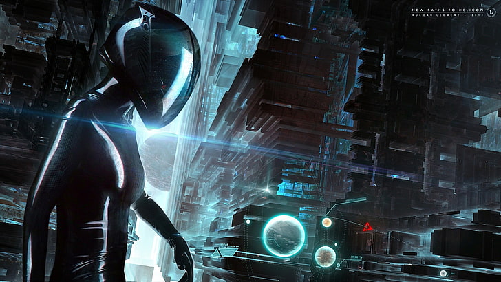 person wearing black suit and helmet digital wallpaper, futuristic