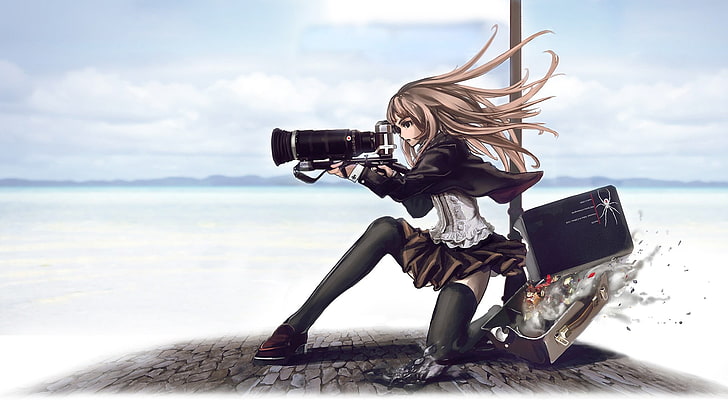 Speed Grapher, camera, anime girls, sky, one person, sea, nature
