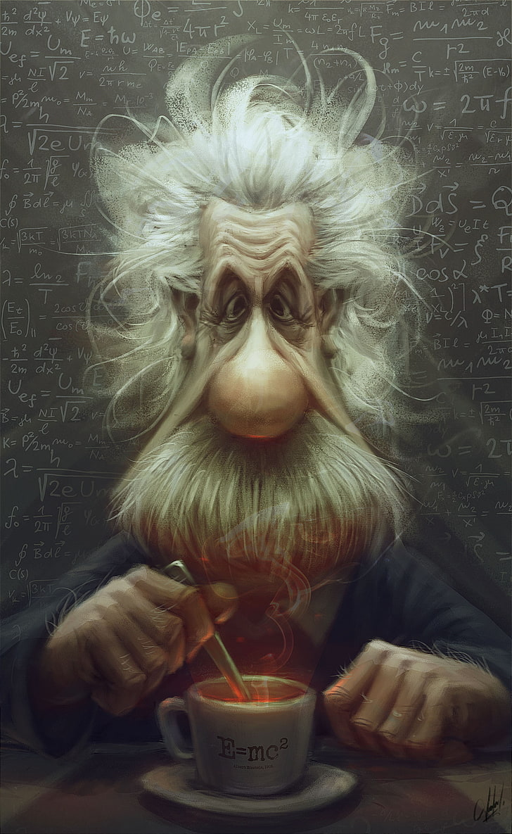 Albert Einstein illustration, cartoon, caricature, formula, food and drink, HD wallpaper
