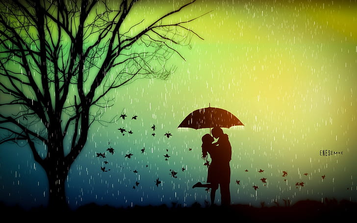 Romance, lovers, tree, leaves, rainy day, umbrella, creative design, HD wallpaper